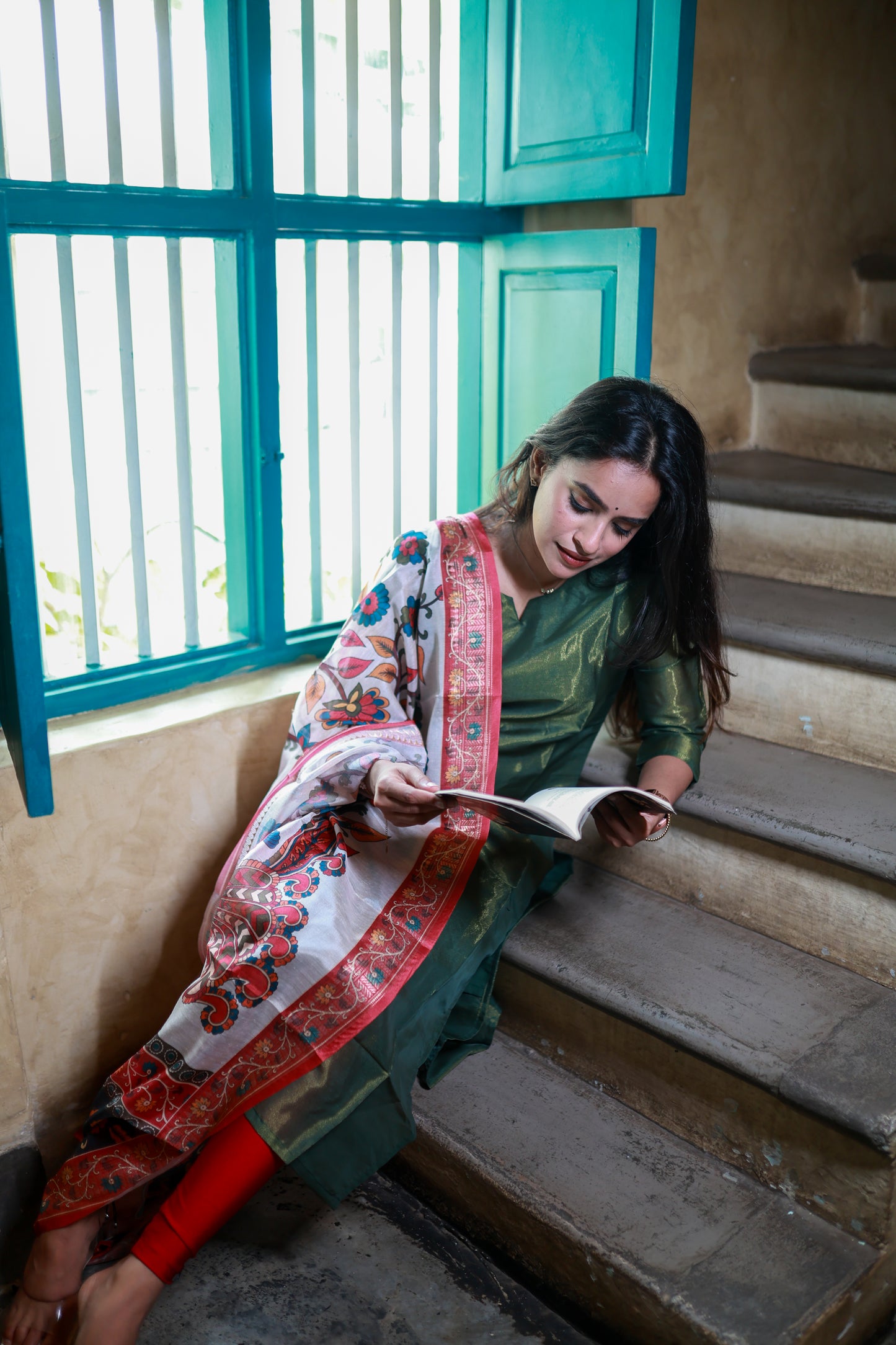 Emerald green Silk Top & Dupatta Set