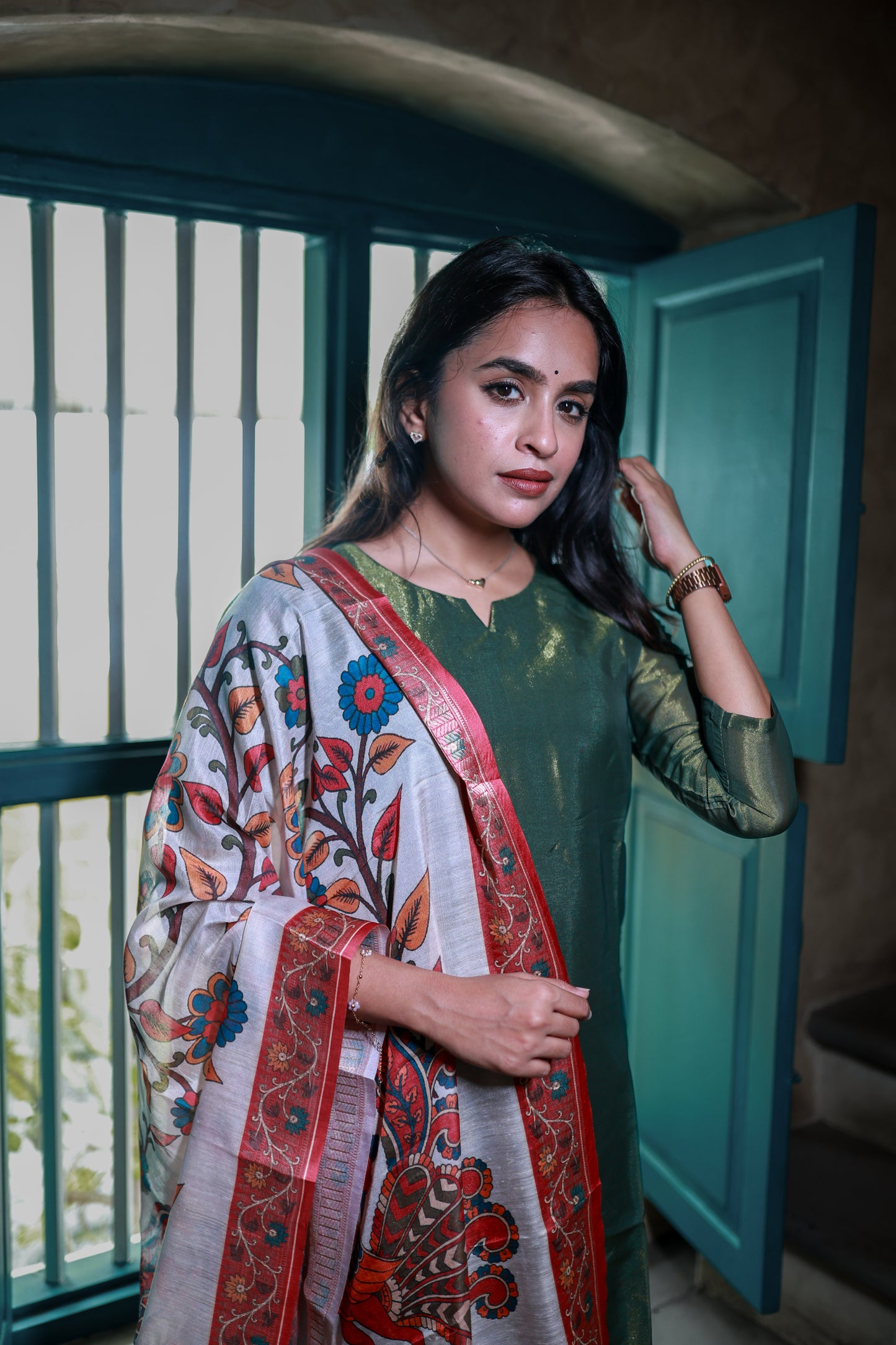 Emerald green Silk Top & Dupatta Set